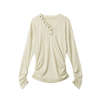 New Womens Fall Slim-fitDesigner-style V-neckWaist-cinching Long-sleeve Top