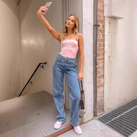 Women's High Waist Casual Bow Straight-leg Denim Trousers