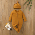 Boys And Girls Long Sleeve Solid Color Waffle Zipper Jumpsuit Foot-wrapped Romper