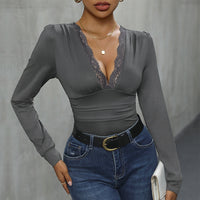 Elegant V Neck Jumpsuit With Lace Trimmed Sleeves For Women