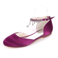 Satin Round Toe Hollow Rhinestone Chain Flat Wedding Shoes