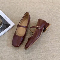 Chunky-heeled Square-toe Slingback Versatile Mid-heel Womens Shoes