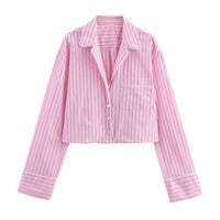 Women's Fashion Lapel Long-sleeved Pocket Striped Short Shirt