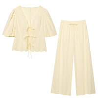 Simple Puff-sleeve Shirt And Casual Pants Set