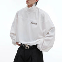High Collar Pleated Lace Solid Color Shirt Simple