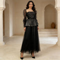 Mesh-Panelled Square-Neck Defined-Waist Elegance Womens Dress