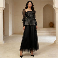 Mesh-Panelled Square-Neck Defined-Waist Elegance Womens Dress