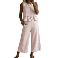 Womens Ruffled Hem Sleeveless Tank Top And Cropped Pants Cotton-Linen Set