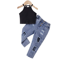 Girls' Solid Color Sleeveless Pullover Denim Trousers Two-piece Set